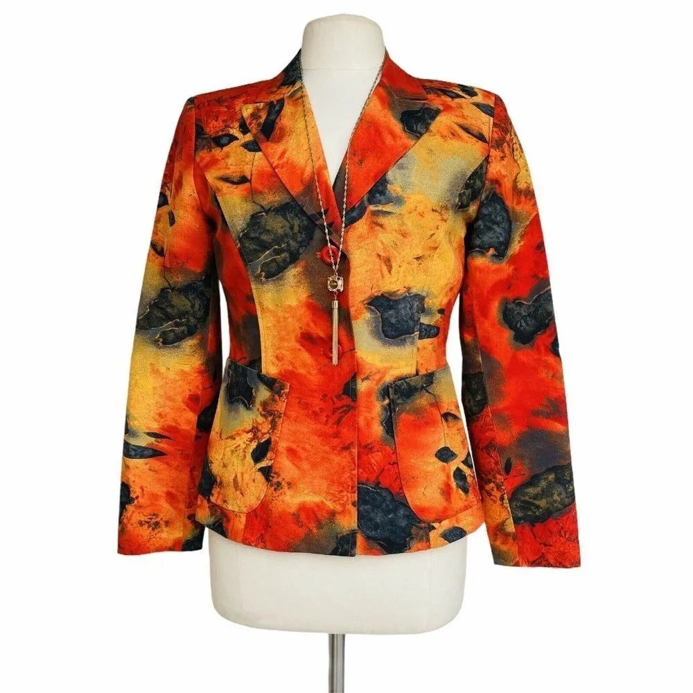 LAUREN TAYLOR Women’s Size 6 Orange Water Color Button Front Blazer